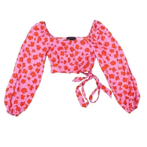 Sanctuary Revolve Going Solo Floral Balloon Sleeve Crop Top Size S Pink Red - Picture 1 of 11